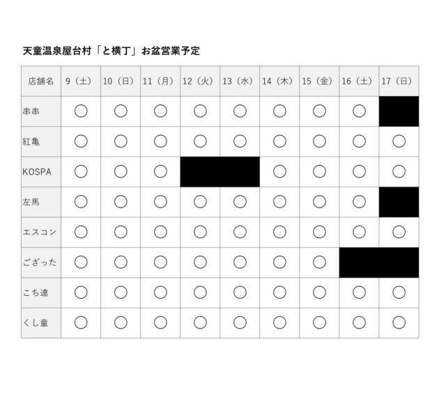 お盆の営業予定です

※お盆後の休みは以下の通りです（他は通常通り）
【串串】　8/17～18
【紅亀】　8/18～20
【KOSPA】　8/19～20
【左馬】　8/17～18
【ござった】　8/16～18

#山形 #天童 #天童温泉 #屋台村 #天童温泉屋台村 #屋台 #居酒屋 #はしご酒 #と横丁 #串揚げ #鉄板焼き #韓国料理 #すし #スペインバル #おばんざい #唐揚げ #焼き鳥 #yamagata #tendo #yataimura #toyokocho